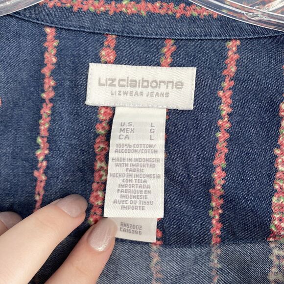 Liz Claiborne Woman's Button UP Shirt Blouse Sz L ~ Blue & Pink ~ Long Sleeve - Picture 2 of 3